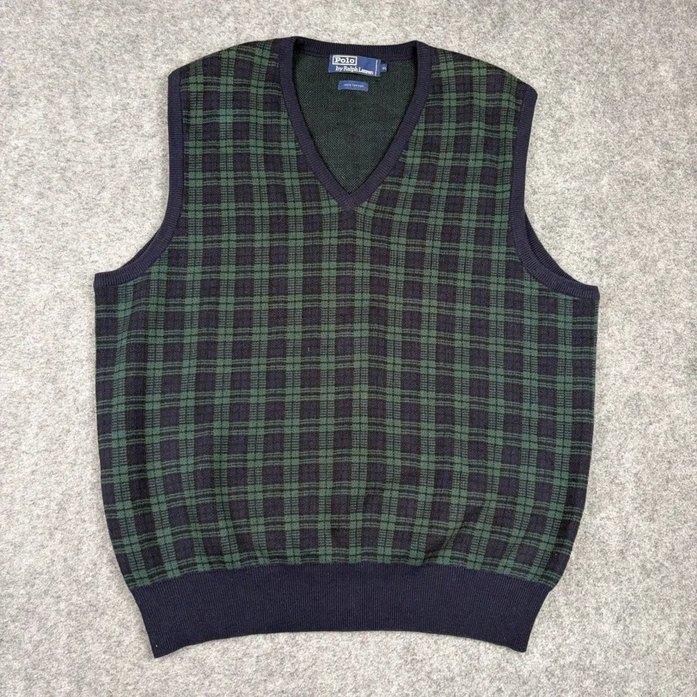 Polo Ralph Lauren Sweater Vest Mens XL Green Plaid V-Neck Cotton Knit